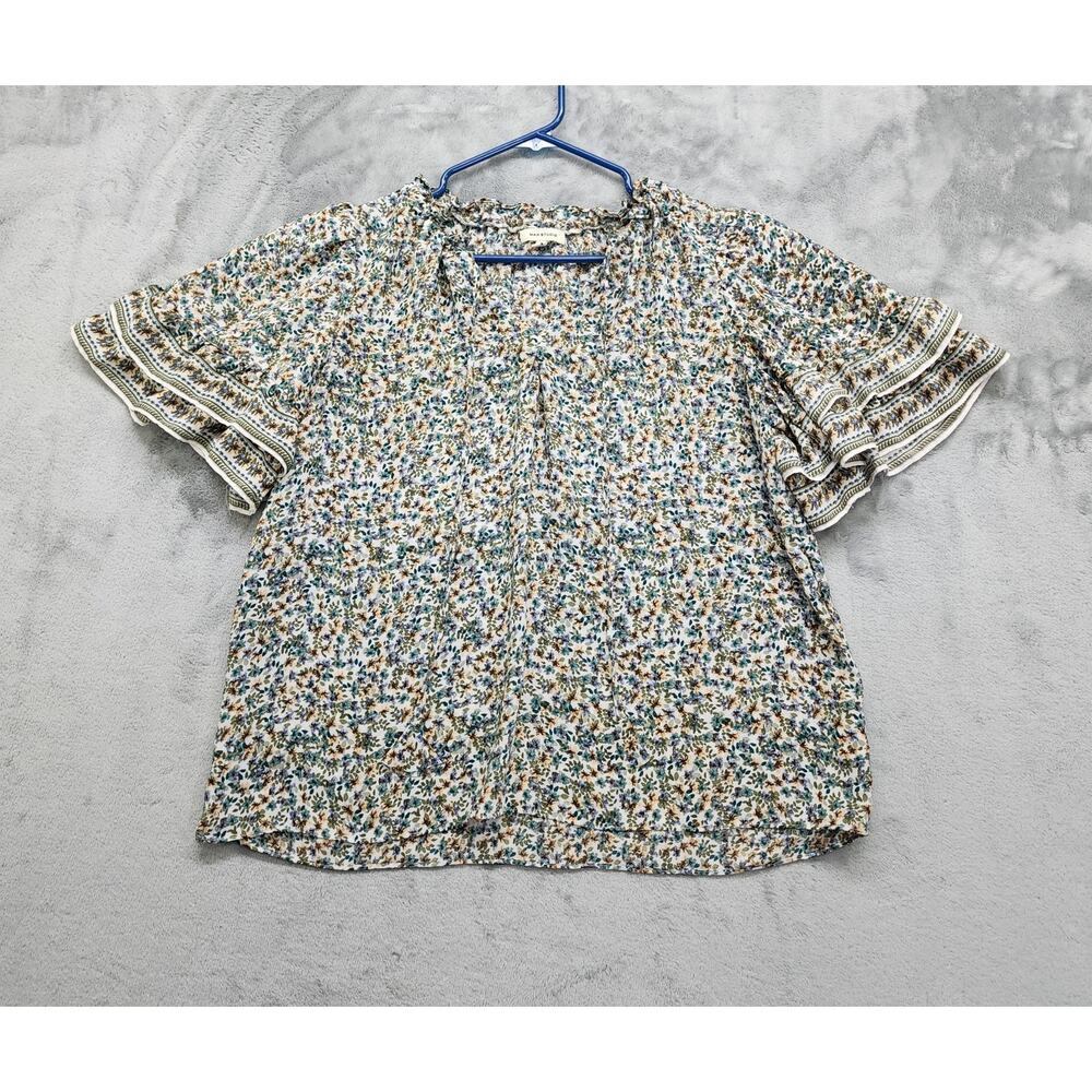 Max Studio Top Womens‎ L Blue Yellow Floral Ruffled Short Sleeve Tie Neck Blouse
